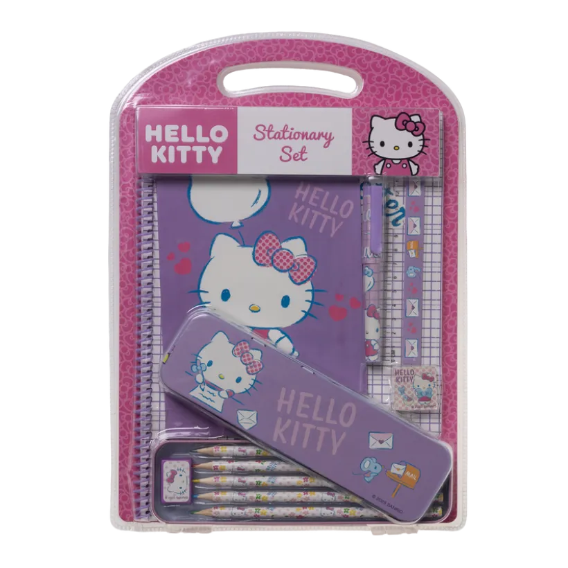 HELLO KITTY, stort skrivesett med metallpenal og A4-notatbok